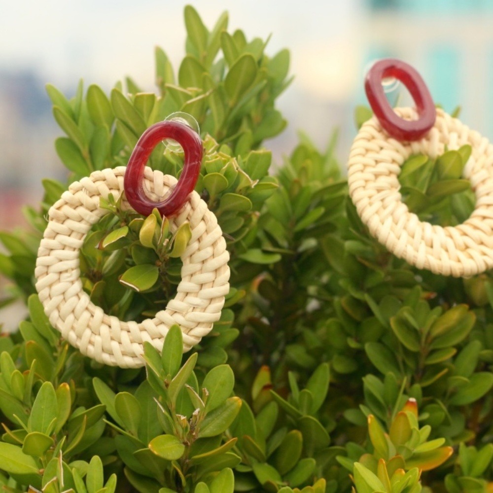 NEW Handmade Earrings | Straw bamboo wood round